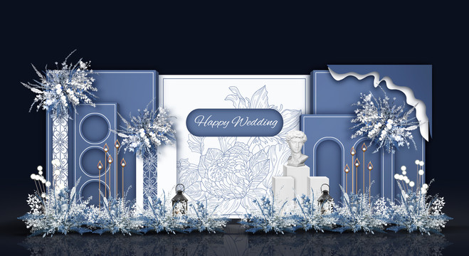 蓝白合影区婚礼手绘效果图