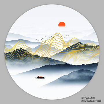 金色线条山水画