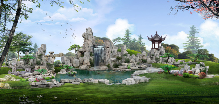 太湖石自然水池瀑布假山