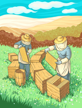 蜂农取蜂蜜插画