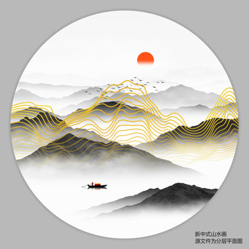 金色线条山水画