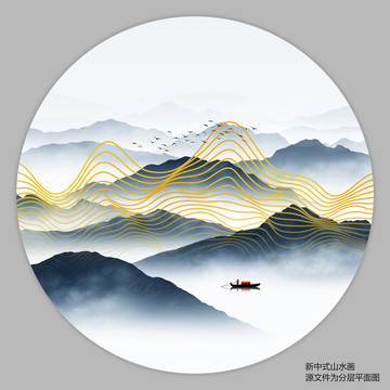 金色线条山水画