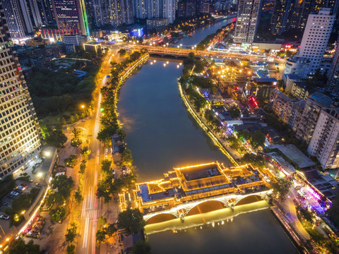 航拍成都安顺廊桥夜景特写