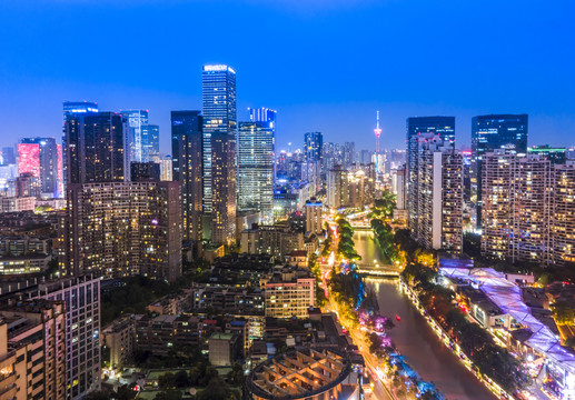 航拍成都老城区建筑景观夜景