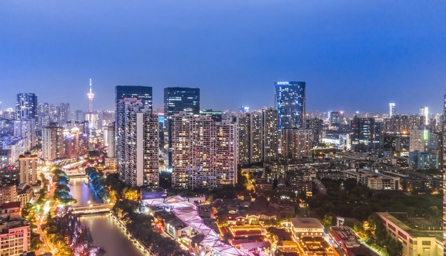 航拍成都老城区夜景