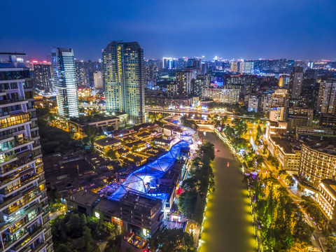 航拍成都城市建筑天际线夜景