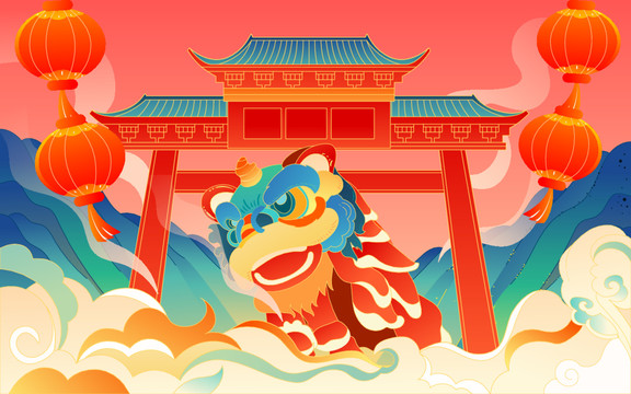 国潮古建筑春节中国风活动插画