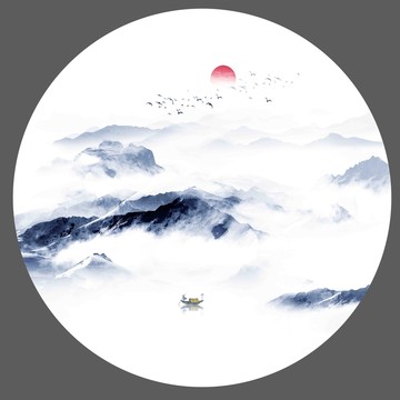 新中式圆形山水画