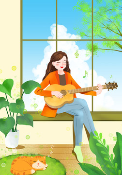坐在窗户边弹吉它的女孩