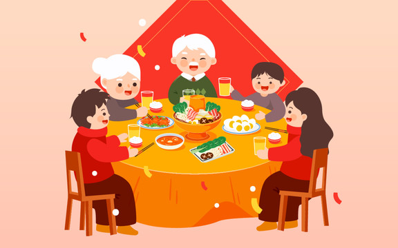 春节团圆聚餐一家人吃年夜饭插画