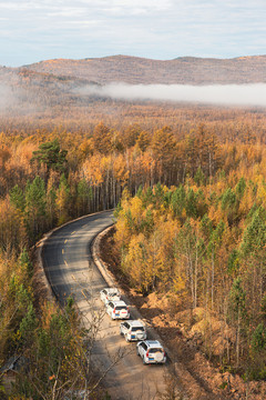 秋季森林公路越野车