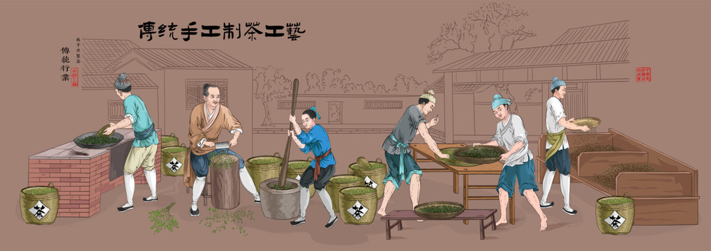 制茶工艺流程传统插画