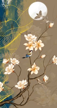 新中式线条花鸟壁画