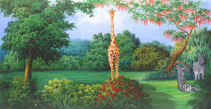 手绘长颈鹿热带风景壁画