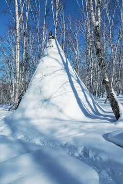 冬季白桦树林撮罗子积雪