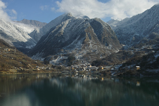 雪山下的小镇大山下的村庄