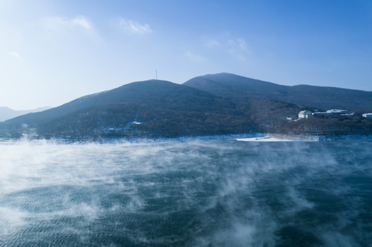 吉林冬季松花湖松水不冻航拍