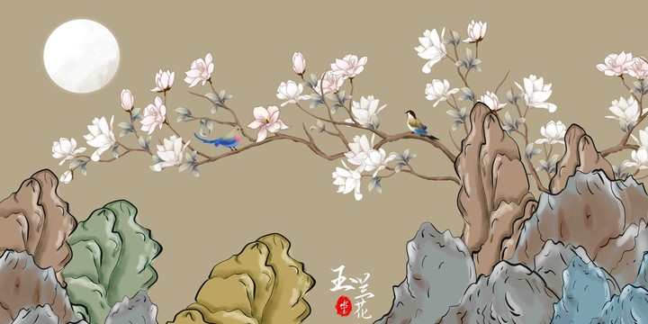 国潮山水花鸟笔画