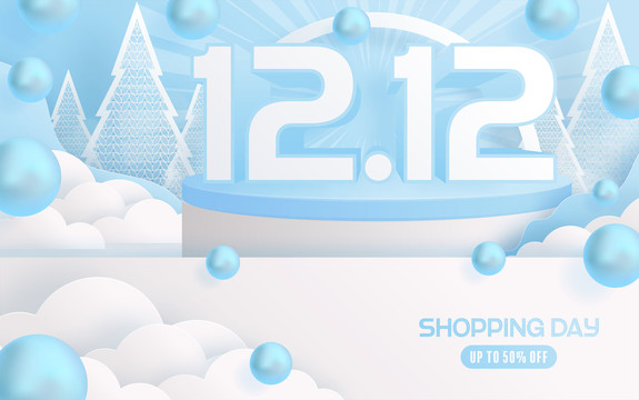 白色圣诞树雪景 双十二购物节海报