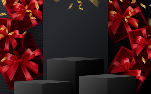 红色喜气礼物盒 黑色舞台背景