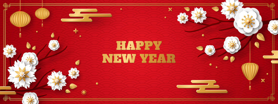 中式镶金花开 红色新年贺图