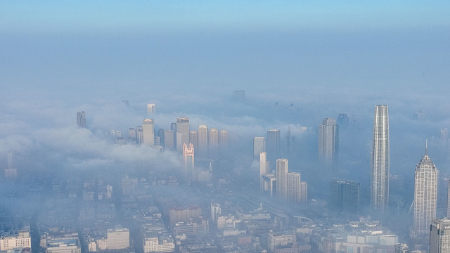 天津城市风光平流雾美景航拍