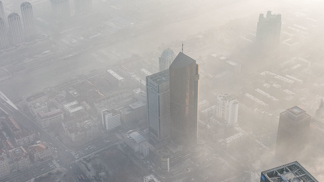 天津城市风光平流雾美景航拍