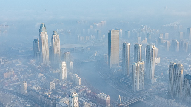 天津城市风光平流雾美景航拍
