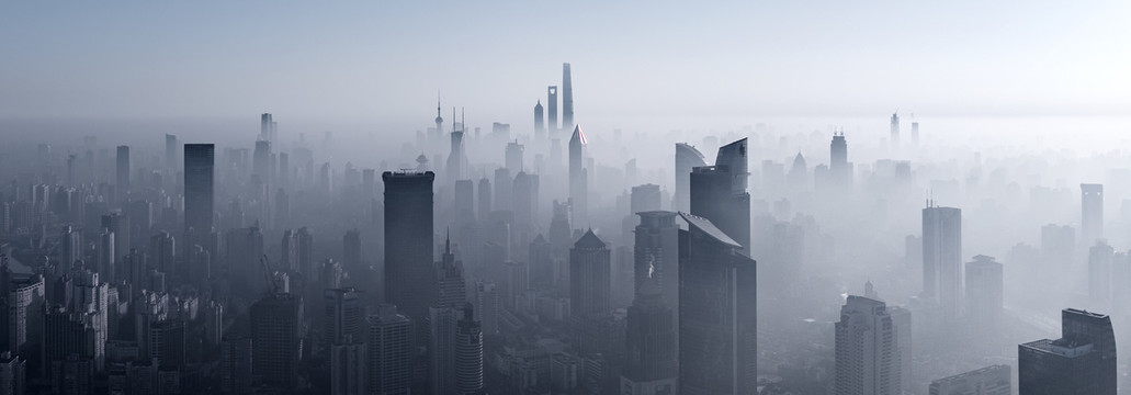 上海静安区清晨大雾天航拍