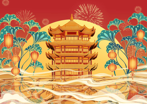 古建筑国潮节日背景插画