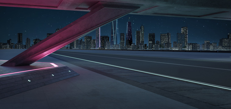 紫色公路视角 繁华城市夜景照