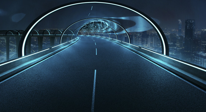 蓝光透明公路隧道 城市高楼夜景照