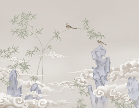 竹子小鸟和假山