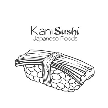 黑白手绘螃蟹握寿司插图