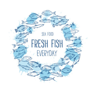蓝色水彩鱼群圆环插图