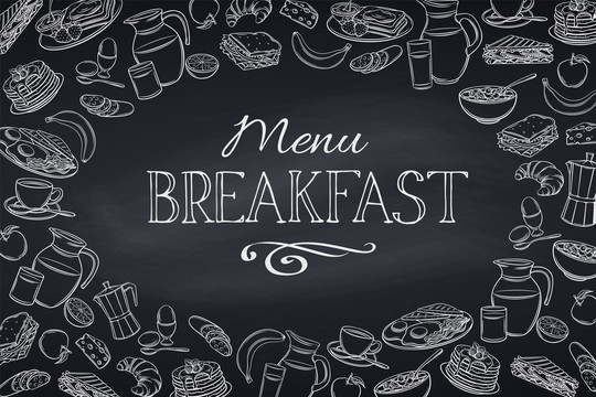 黑白手绘丰盛早餐菜单海报