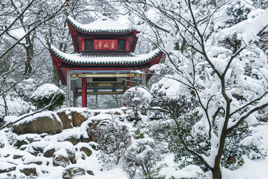 冬天雪景的爱晚亭