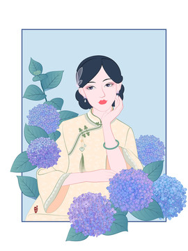 花卉旗袍美人插画之绣球花