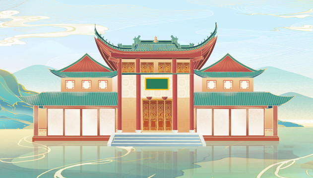 国潮中国风建筑插画山水房子