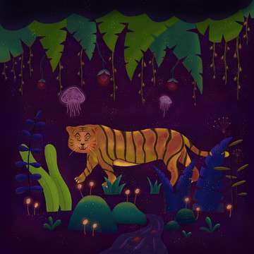 暗夜森林中老虎散步梦幻场景