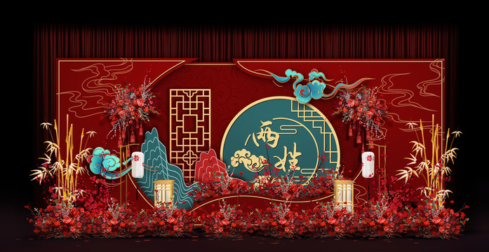 新中式合影区婚礼手绘效果图
