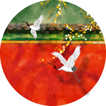 花鸟白鹤红墙圆镜中式装饰画