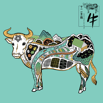 十二生肖动物包装插画之牛