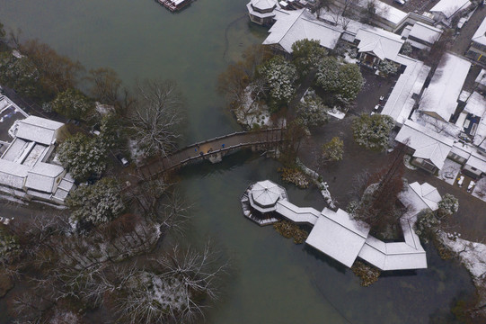 杭州西湖茅家埠雪景航拍