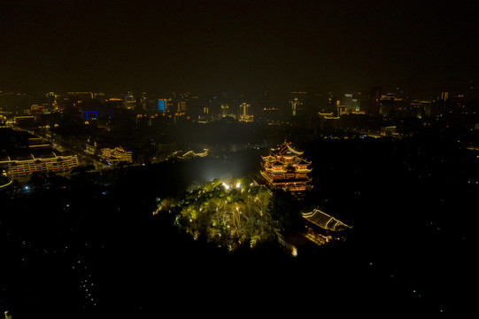 浙江杭州市吴山城隍阁航拍夜景