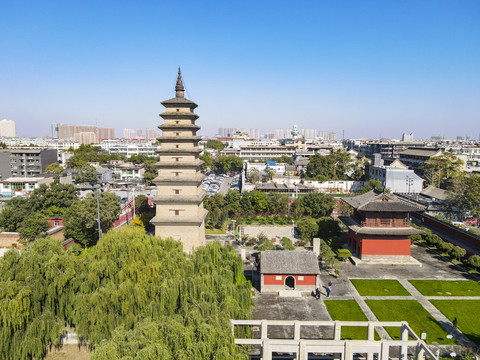 航拍河北石家庄正定古城开元寺