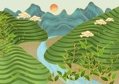 国潮风茶山茶园插画