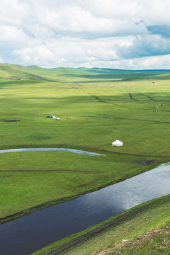 夏季河流草原牧场放牧蒙古包