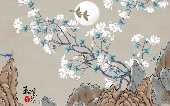 新中式国潮山水花鸟背景墙