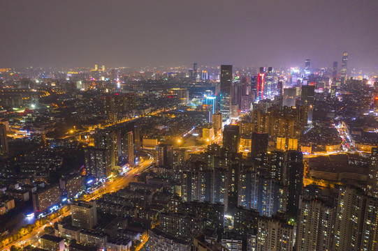 航拍湖南长沙城市夜景风光